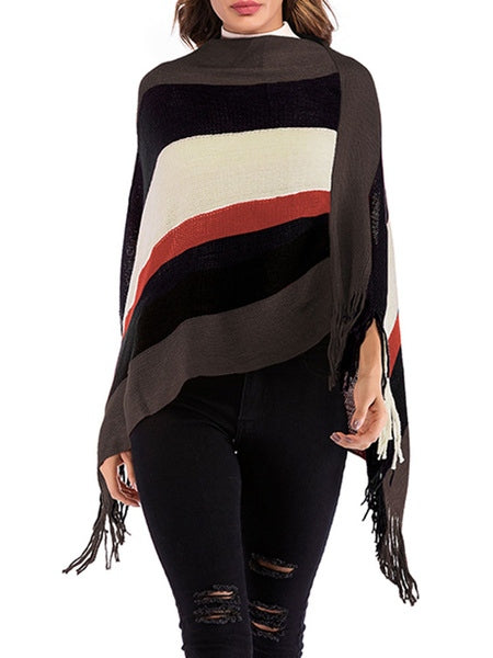 Knit Poncho Geometric Jewel Neck Long Sleeve Cape Coat