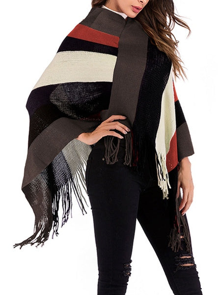 Knit Poncho Geometric Jewel Neck Long Sleeve Cape Coat