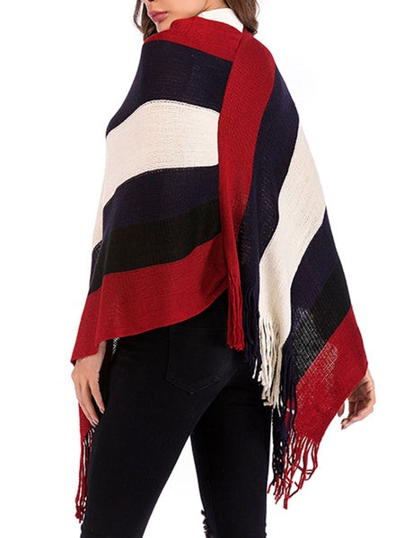 Knit Poncho Geometric Jewel Neck Long Sleeve Cape Coat