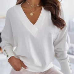 Knitted solid color cuff buttons decorated V-neck sweater