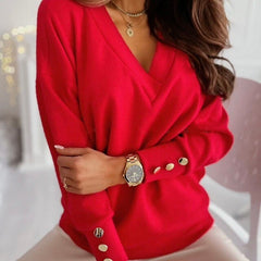Knitted solid color cuff buttons decorated V-neck sweater