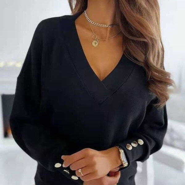 Knitted solid color cuff buttons decorated V-neck sweater