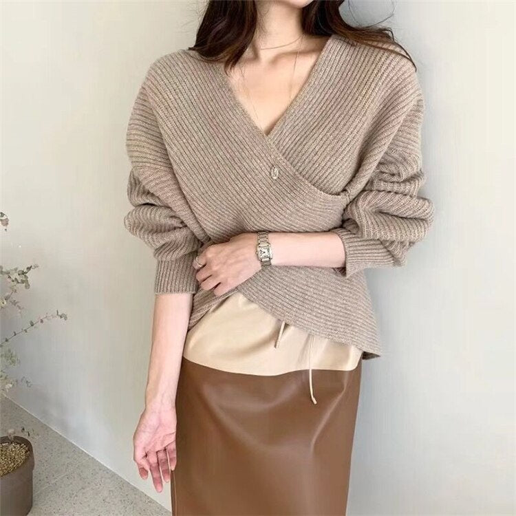 Knitting Cross Pull Sexy Loose Casual Elegant Sweaters