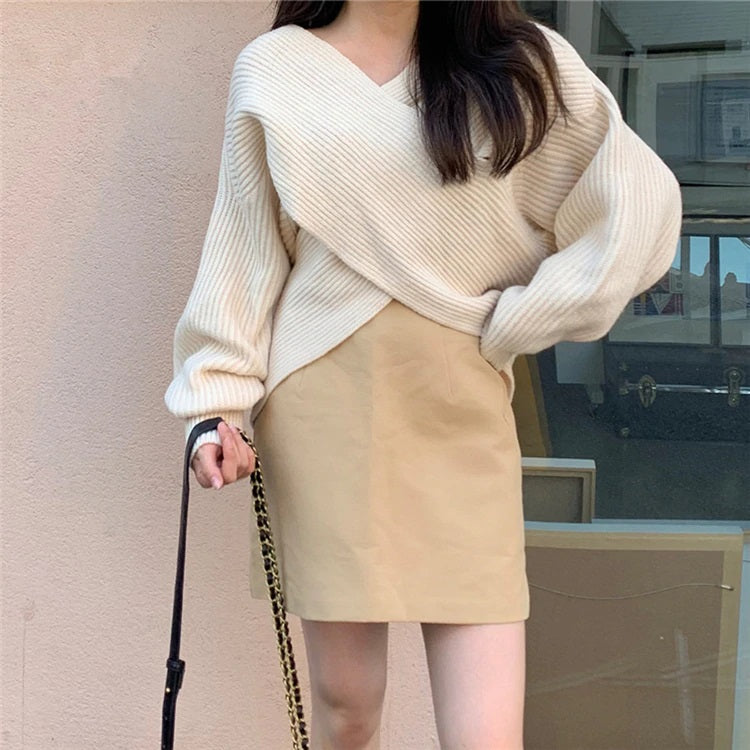 Knitting Cross Pull Sexy Loose Casual Elegant Sweaters