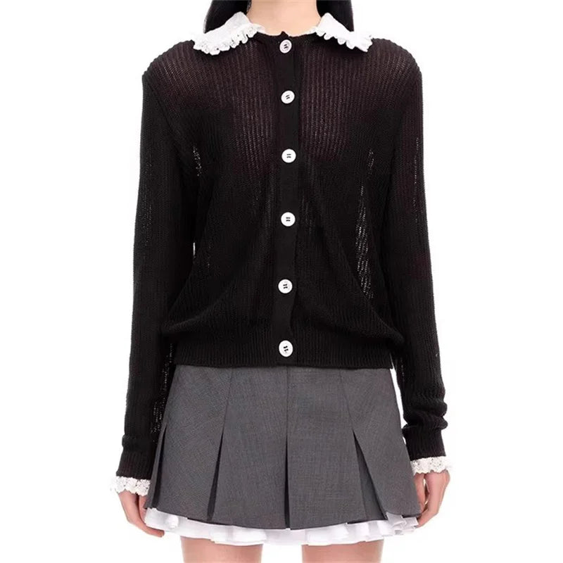 Lace Splicing Long Sleeve Elastic knit slim cotton blend knitwear sweater