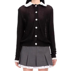 Lace Splicing Long Sleeve Elastic knit slim cotton blend knitwear sweater