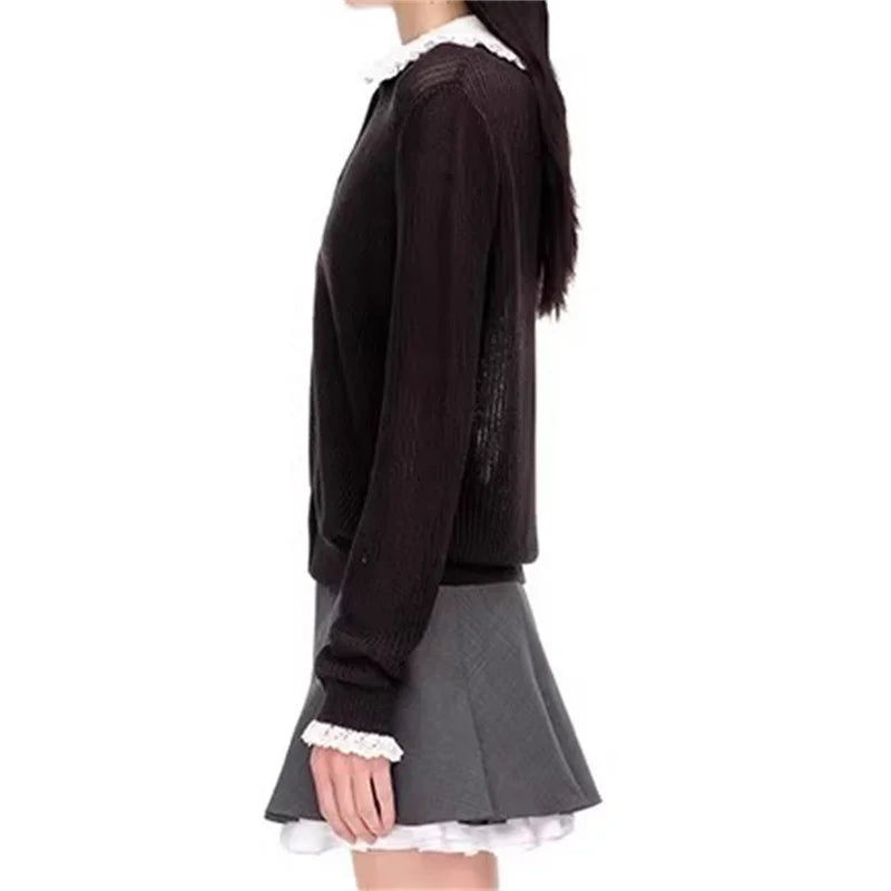 Lace Splicing Long Sleeve Elastic knit slim cotton blend knitwear sweater