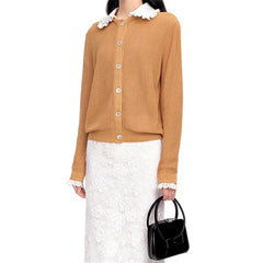 Lace Splicing Long Sleeve Elastic knit slim cotton blend knitwear sweater