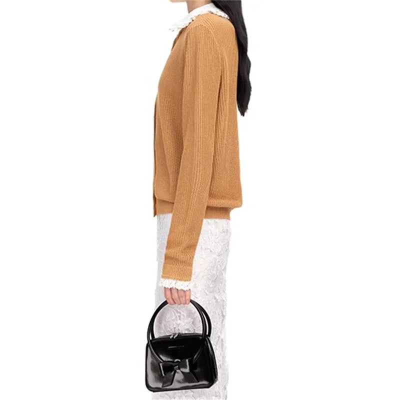Lace Splicing Long Sleeve Elastic knit slim cotton blend knitwear sweater
