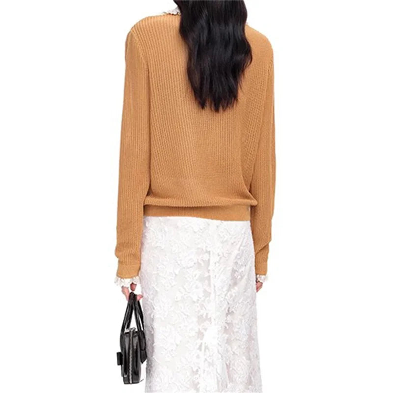 Lace Splicing Long Sleeve Elastic knit slim cotton blend knitwear sweater