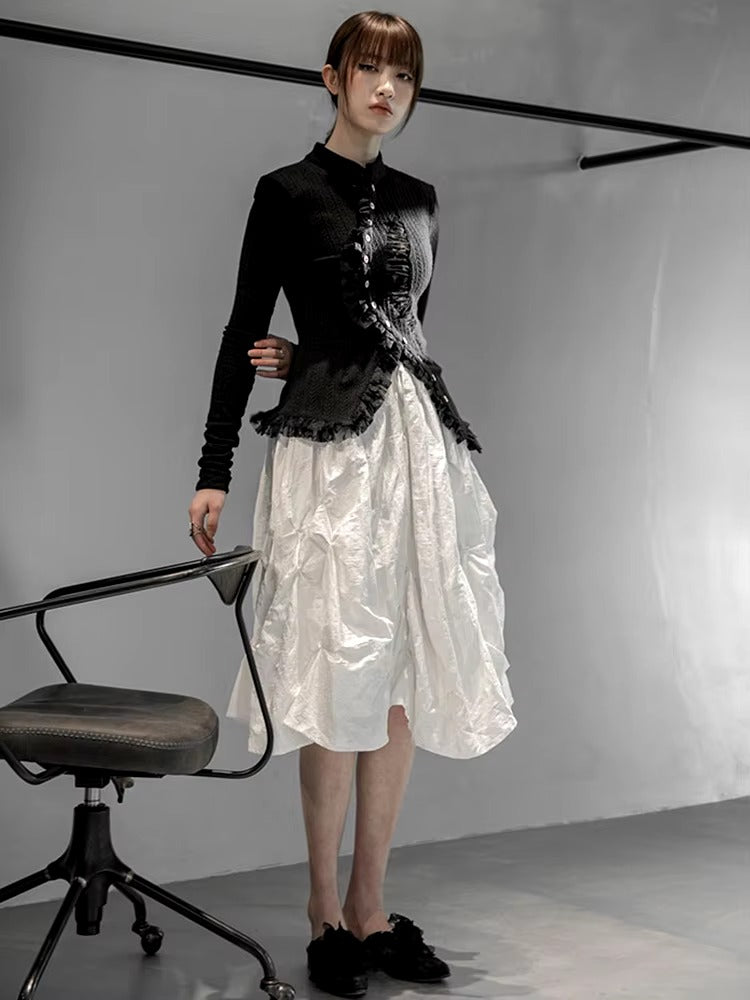 Lace Stand Collar Long Sleeve Irregular Knitting Cardigan Sweater