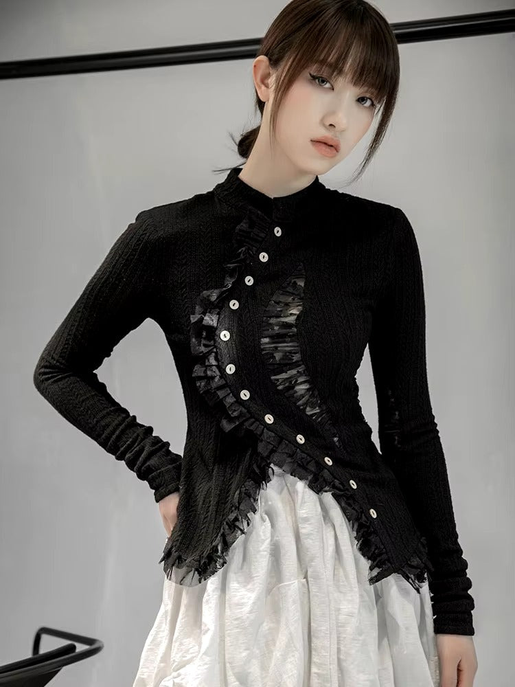 Lace Stand Collar Long Sleeve Irregular Knitting Cardigan Sweater