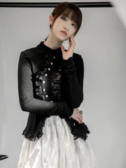 Lace Stand Collar Long Sleeve Irregular Knitting Cardigan Sweater