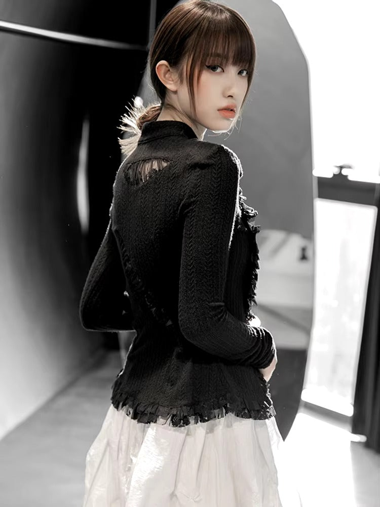 Lace Stand Collar Long Sleeve Irregular Knitting Cardigan Sweater