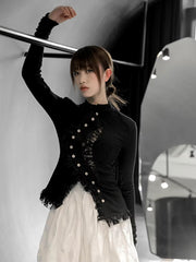Lace Stand Collar Long Sleeve Irregular Knitting Cardigan Sweater