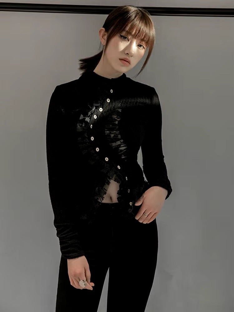 Lace Stand Collar Long Sleeve Irregular Knitting Cardigan Sweater