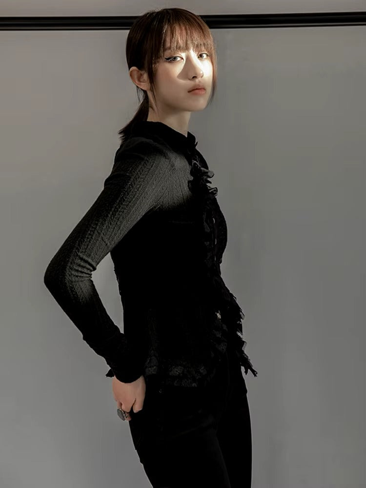 Lace Stand Collar Long Sleeve Irregular Knitting Cardigan Sweater