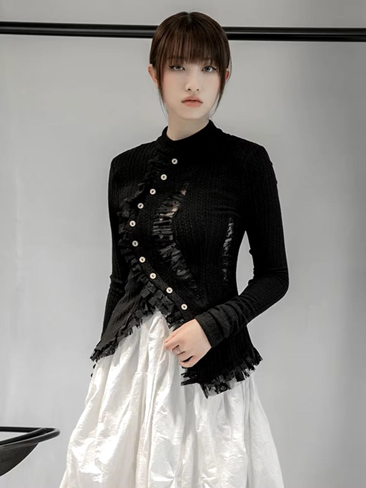 Lace Stand Collar Long Sleeve Irregular Knitting Cardigan Sweater