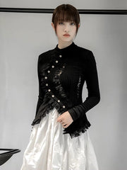 Lace Stand Collar Long Sleeve Irregular Knitting Cardigan Sweater