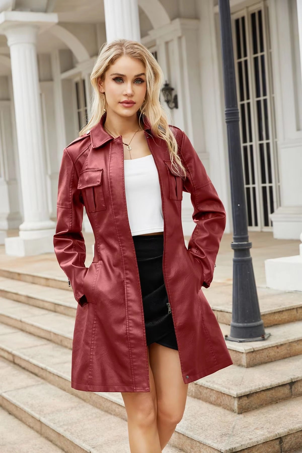 Lace-up PU Leather Long-sleeved Lapel Single-breasted Long Waist Jacket