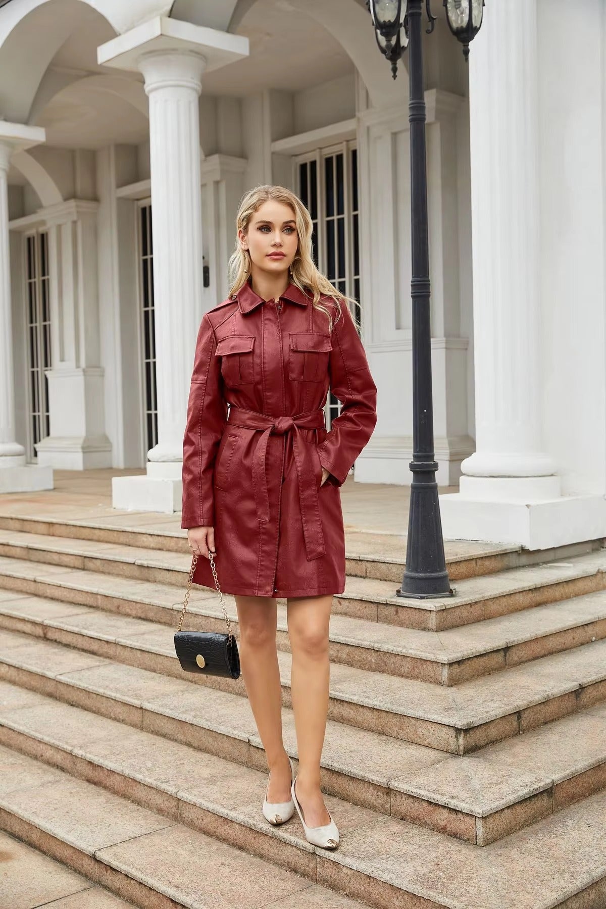 Lace-up PU Leather Long-sleeved Lapel Single-breasted Long Waist Jacket