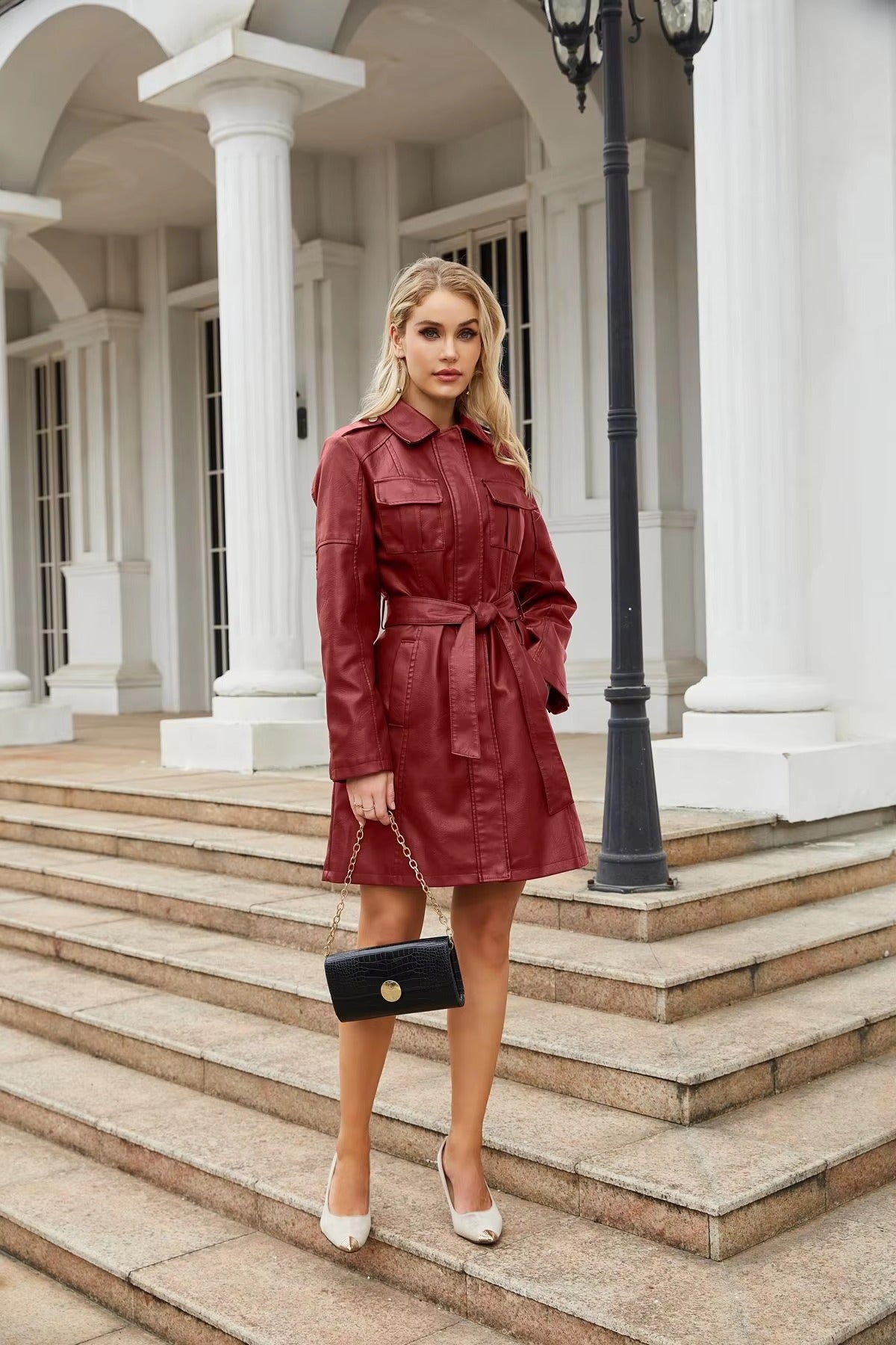 Lace-up PU Leather Long-sleeved Lapel Single-breasted Long Waist Jacket