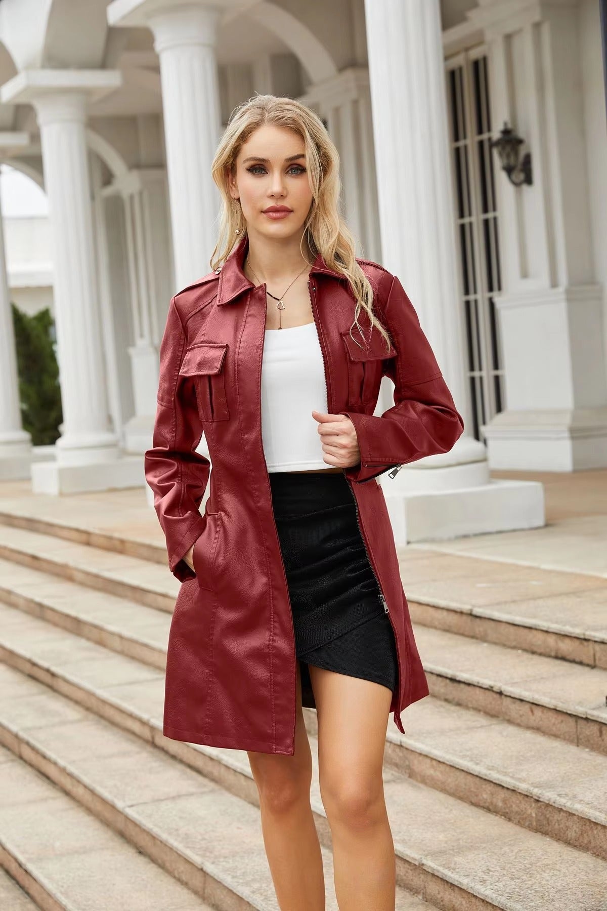 Lace-up PU Leather Long-sleeved Lapel Single-breasted Long Waist Jacket
