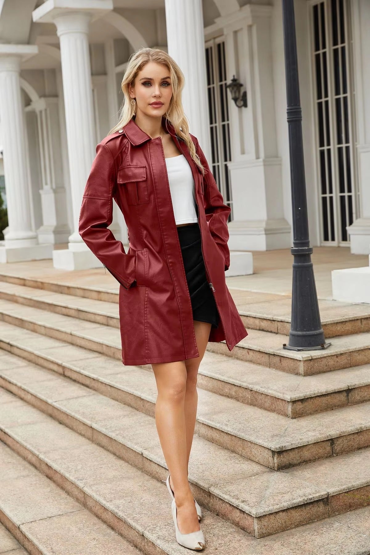 Lace-up PU Leather Long-sleeved Lapel Single-breasted Long Waist Jacket