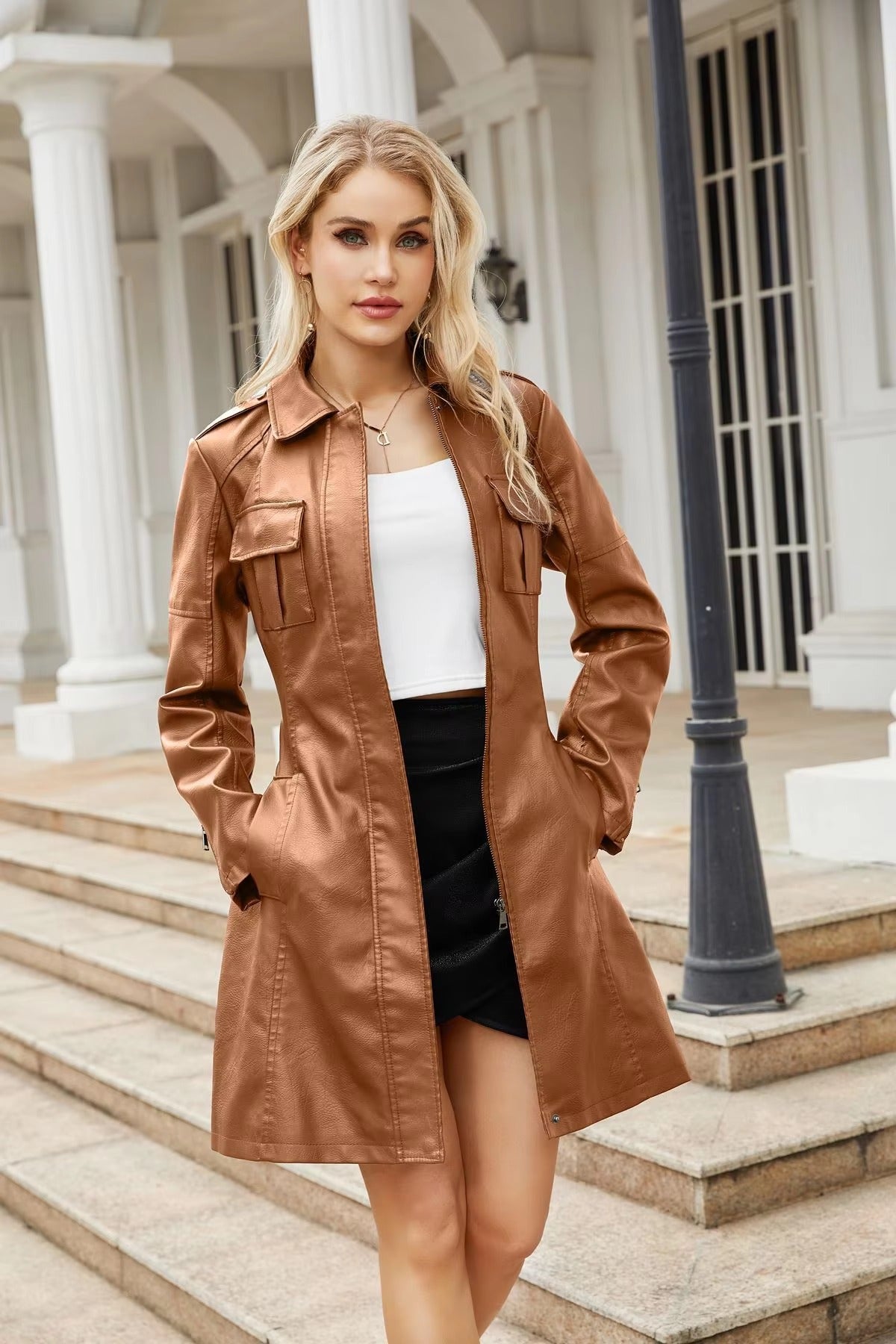 Lace-up PU Leather Long-sleeved Lapel Single-breasted Long Waist Jacket