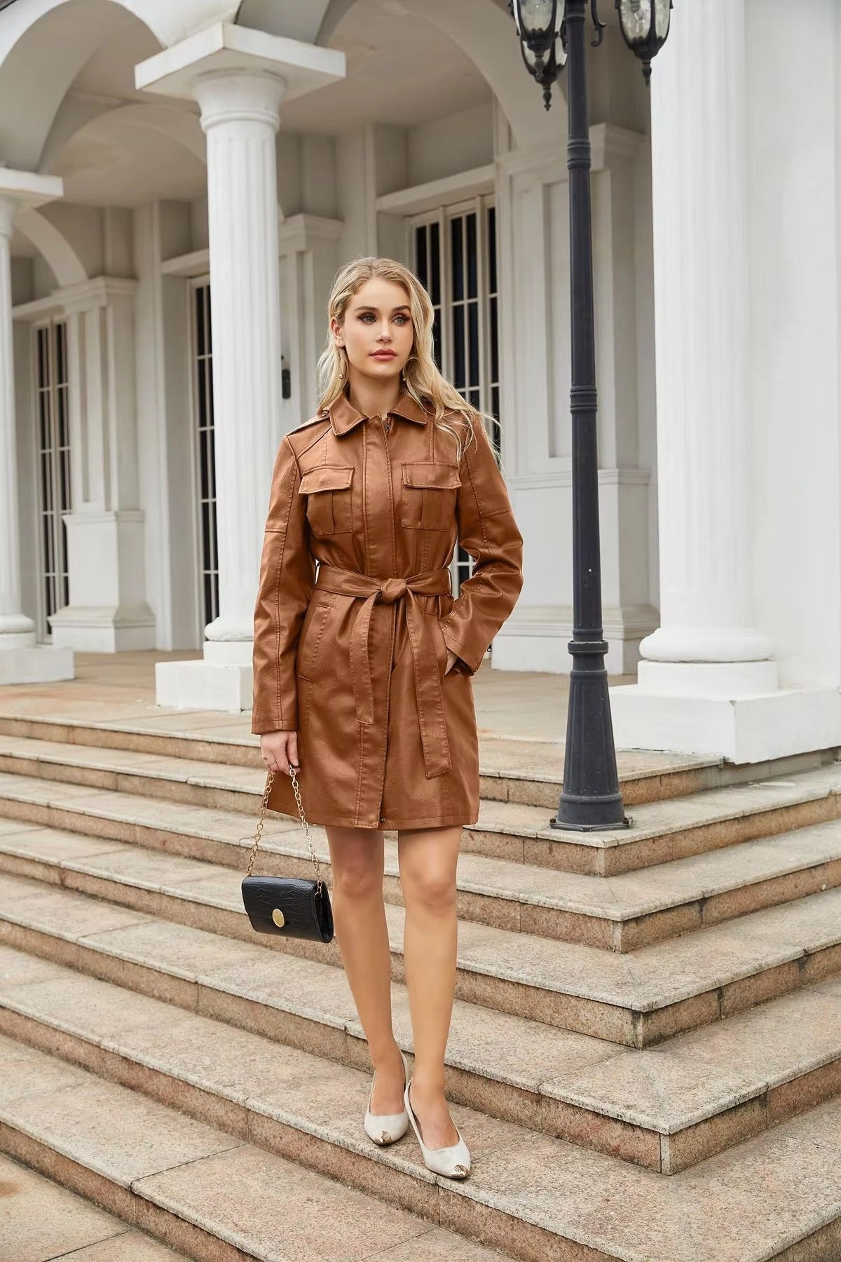 Lace-up PU Leather Long-sleeved Lapel Single-breasted Long Waist Jacket