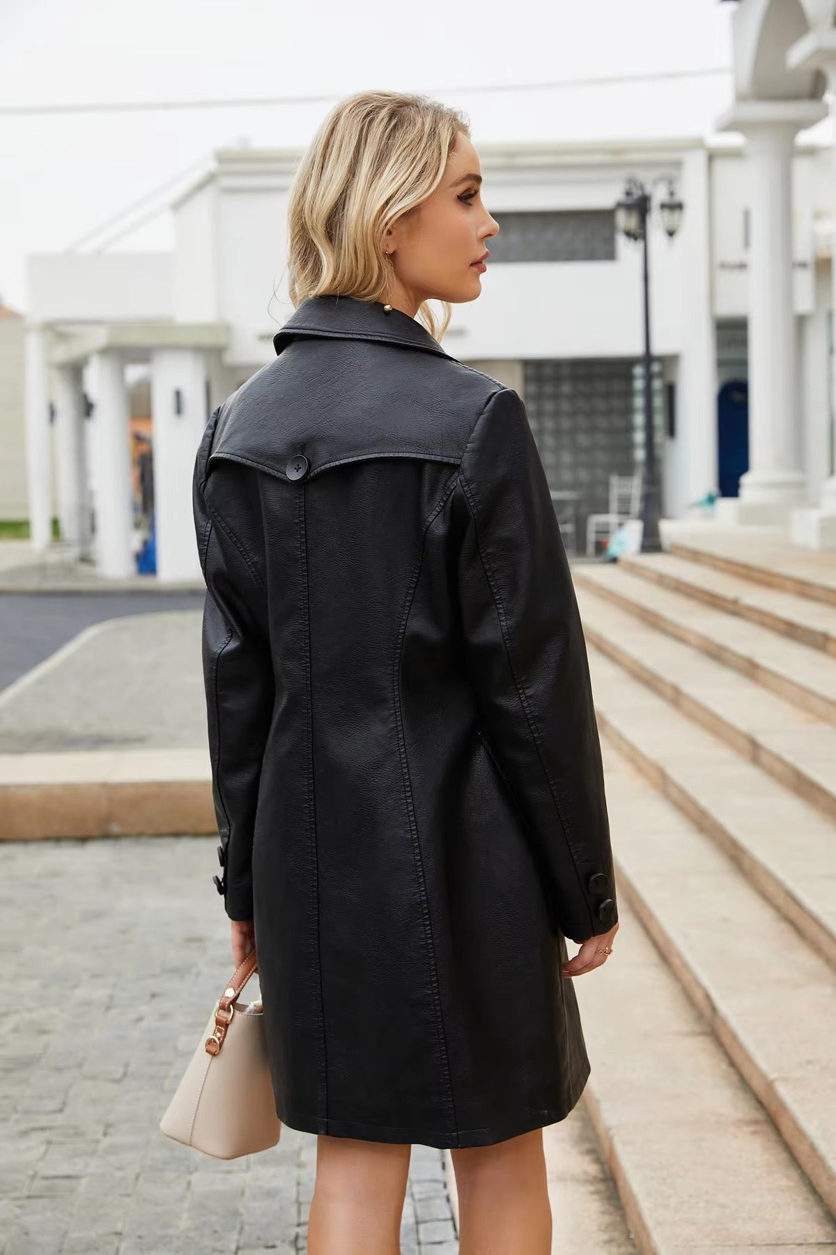 Elegant PU Leather Single-breasted Lace-up Long-sleeved Lapel Long Waist Jacket