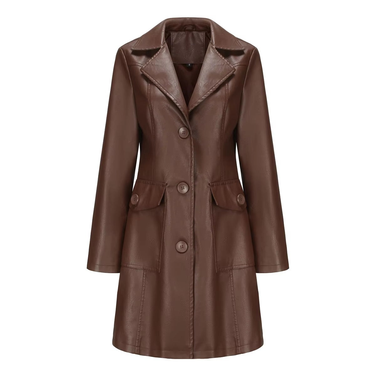 Elegant PU Leather Single-breasted Lace-up Long-sleeved Lapel Long Waist Jacket
