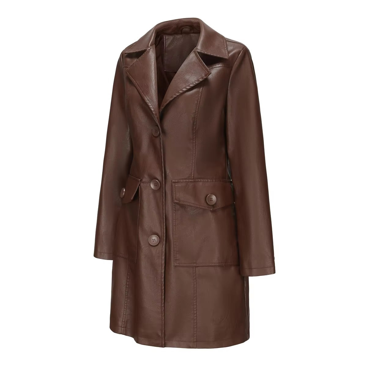 Elegant PU Leather Single-breasted Lace-up Long-sleeved Lapel Long Waist Jacket