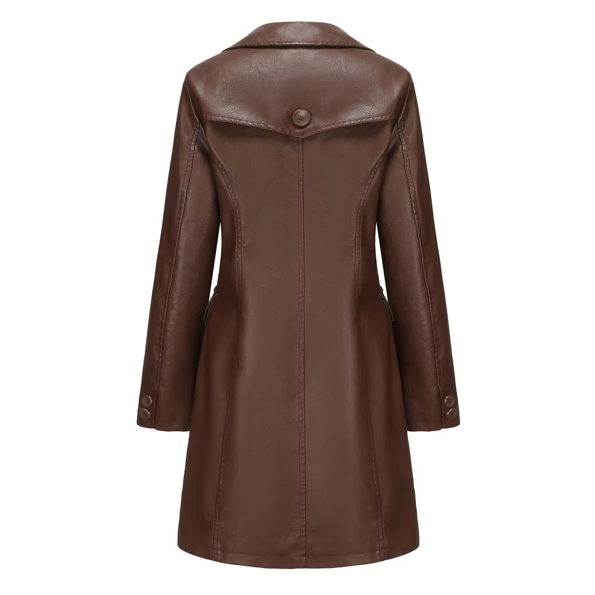 Elegant PU Leather Single-breasted Lace-up Long-sleeved Lapel Long Waist Jacket