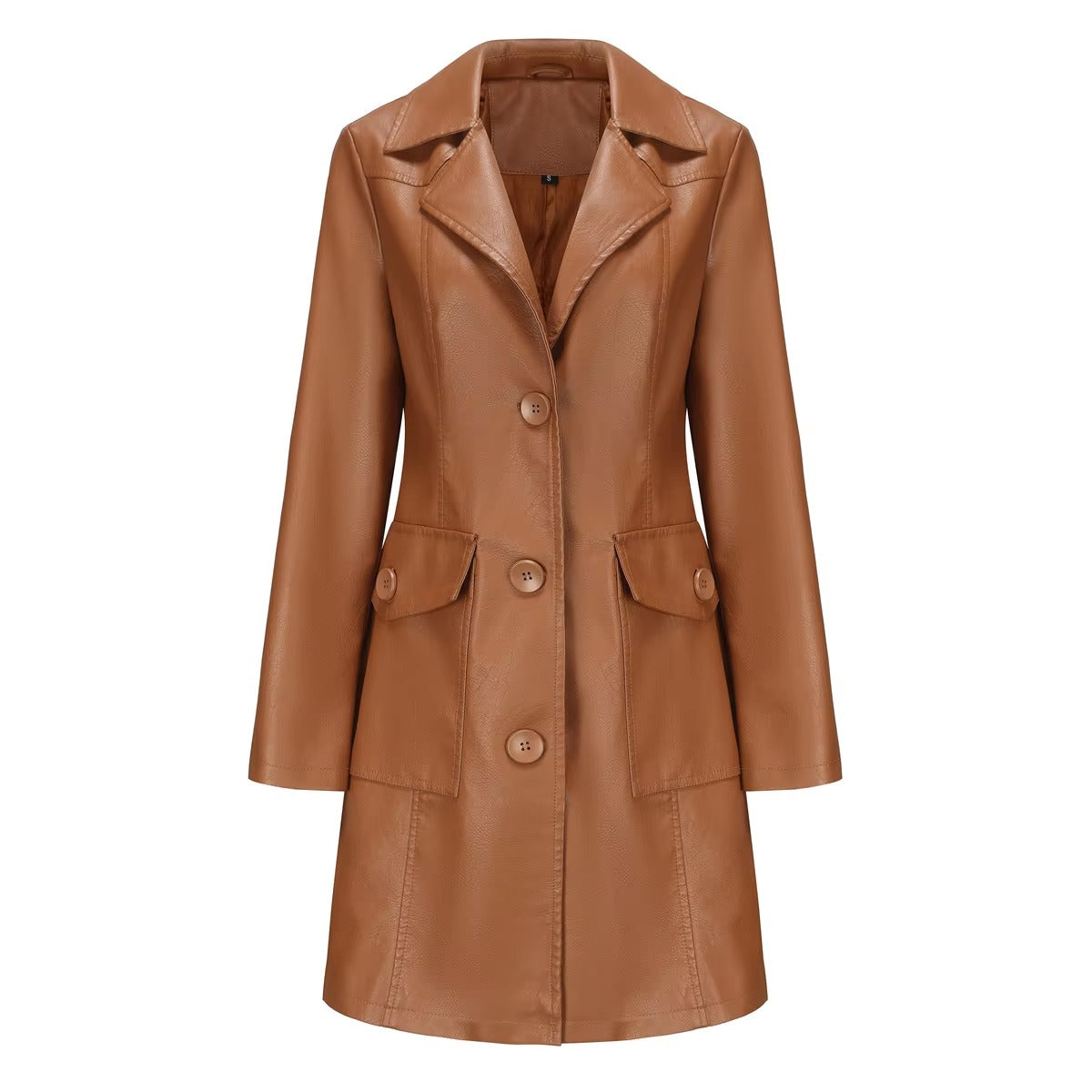 Elegant PU Leather Single-breasted Lace-up Long-sleeved Lapel Long Waist Jacket