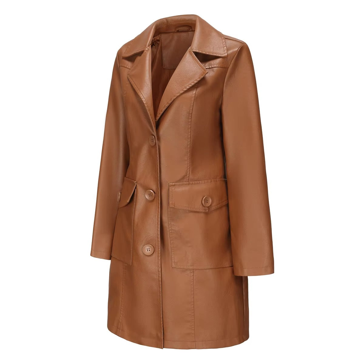 Elegant PU Leather Single-breasted Lace-up Long-sleeved Lapel Long Waist Jacket
