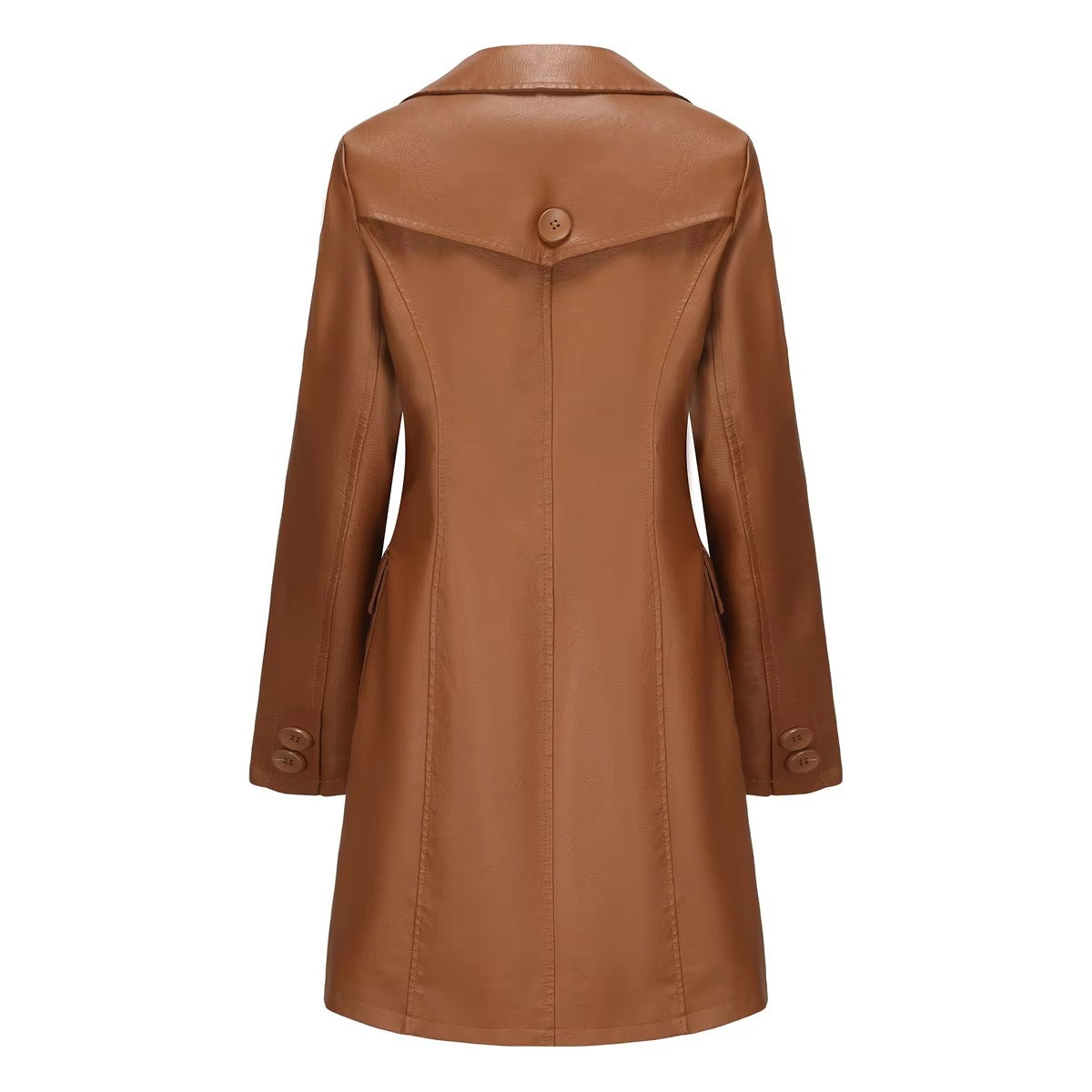 Elegant PU Leather Single-breasted Lace-up Long-sleeved Lapel Long Waist Jacket