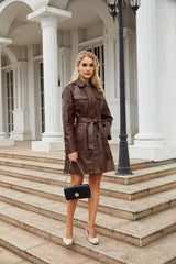 Lace-up PU Leather Long-sleeved Lapel Single-breasted Long Waist Jacket