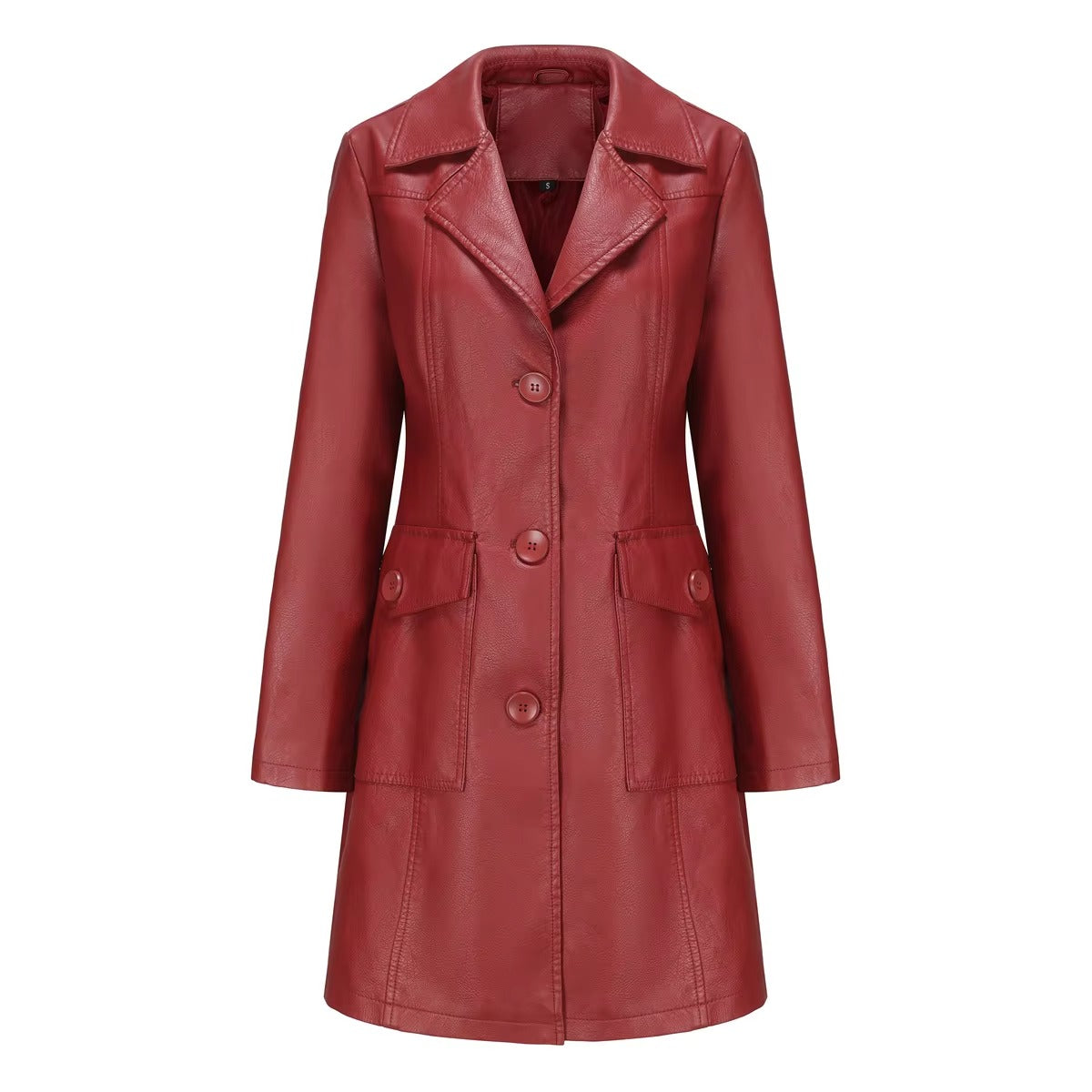 Elegant PU Leather Single-breasted Lace-up Long-sleeved Lapel Long Waist Jacket