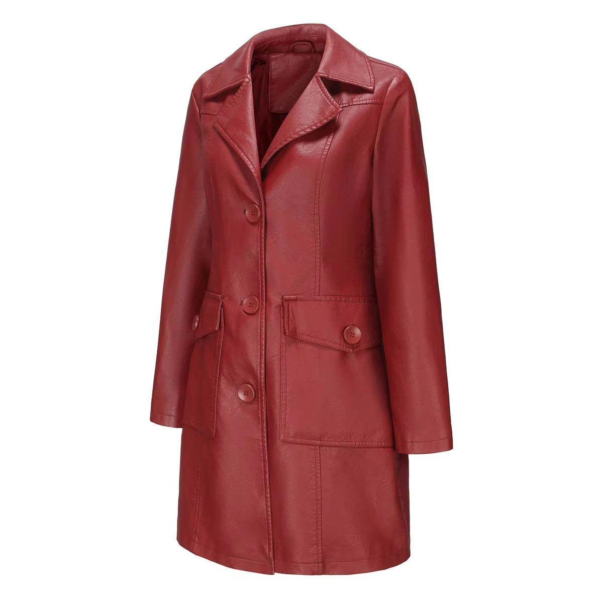 Elegant PU Leather Single-breasted Lace-up Long-sleeved Lapel Long Waist Jacket