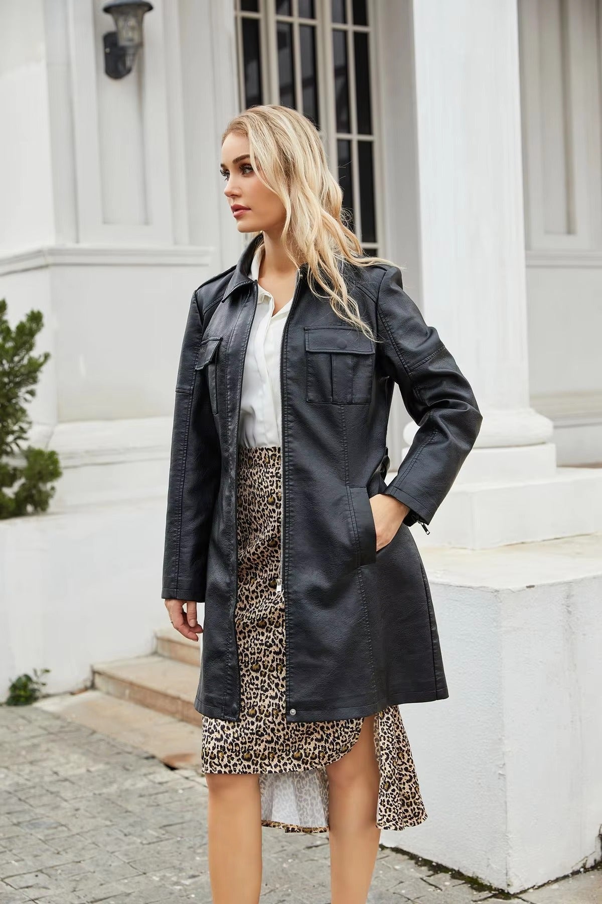 Lace-up PU Leather Long-sleeved Lapel Single-breasted Long Waist Jacket