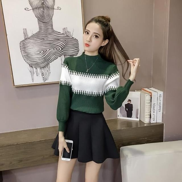 Lantern Long Sleeve Patchwork Fashion Striped Pullover Sweater