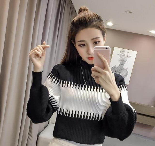 Lantern Long Sleeve Patchwork Fashion Striped Pullover Sweater