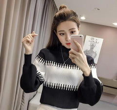 Lantern Long Sleeve Patchwork Fashion Striped Pullover Sweater