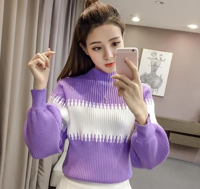 Lantern Long Sleeve Patchwork Fashion Striped Pullover Sweater