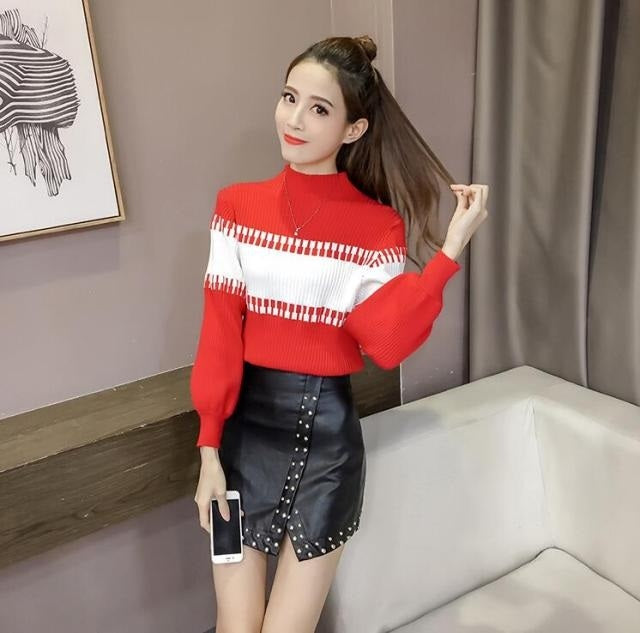 Lantern Long Sleeve Patchwork Fashion Striped Pullover Sweater