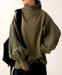 Lantern Sleeve Knitted Pullover Patchwork Turtleneck Pleated Loose Sweaters