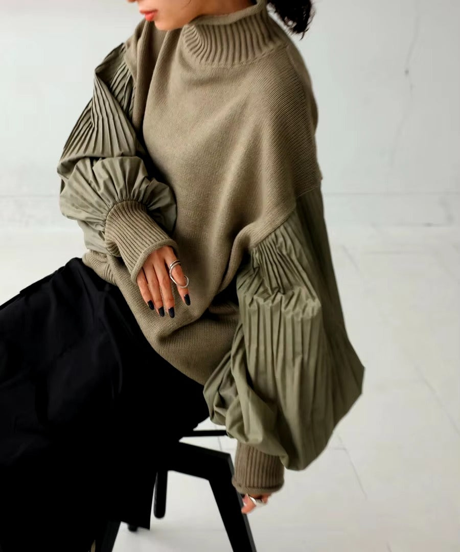 Lantern Sleeve Knitted Pullover Patchwork Turtleneck Pleated Loose Sweaters
