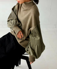 Lantern Sleeve Knitted Pullover Patchwork Turtleneck Pleated Loose Sweaters