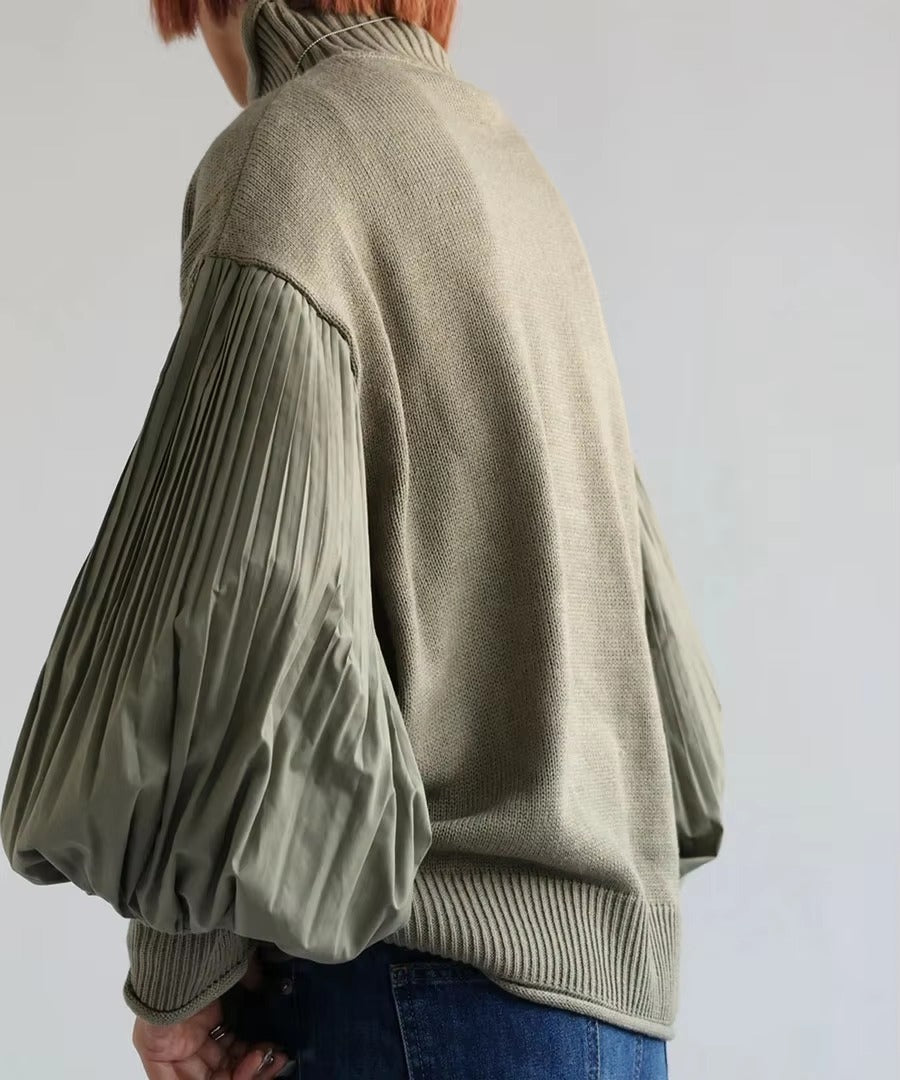 Lantern Sleeve Knitted Pullover Patchwork Turtleneck Pleated Loose Sweaters